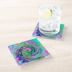 Groovy Abstract Aqua and Navy Lava Swirl Glass Coaster