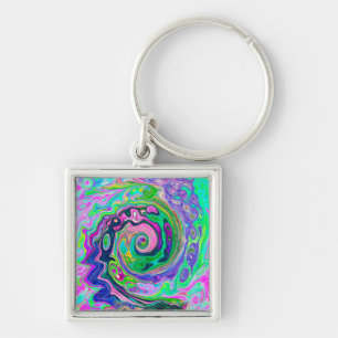 Groovy Abstract Aqua and Navy Lava Swirl Key Ring