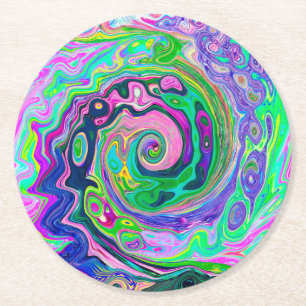 Groovy Abstract Aqua and Navy Lava Swirl Round Paper Coaster