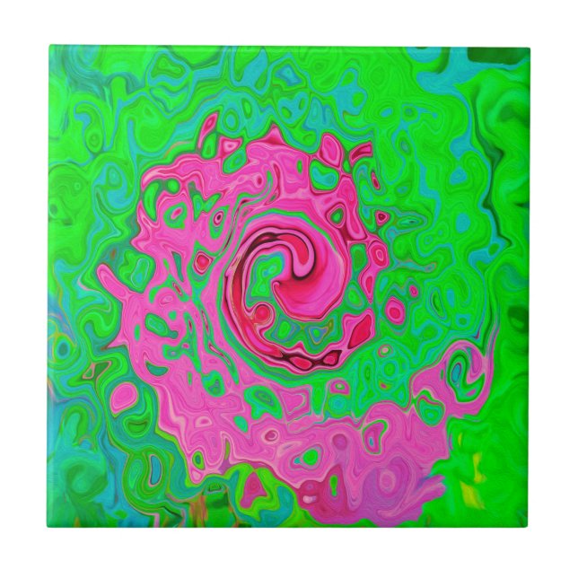 Groovy Abstract Green and Red Lava Liquid Swirl Ceramic Tile (Front)