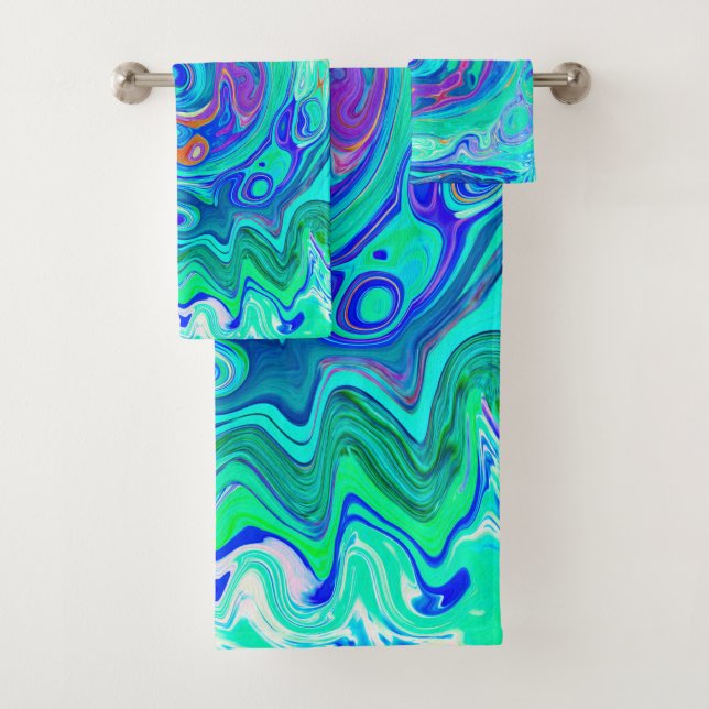 Groovy Abstract Ocean Blue and Green Liquid Swirl Bath Towel Set (Insitu)