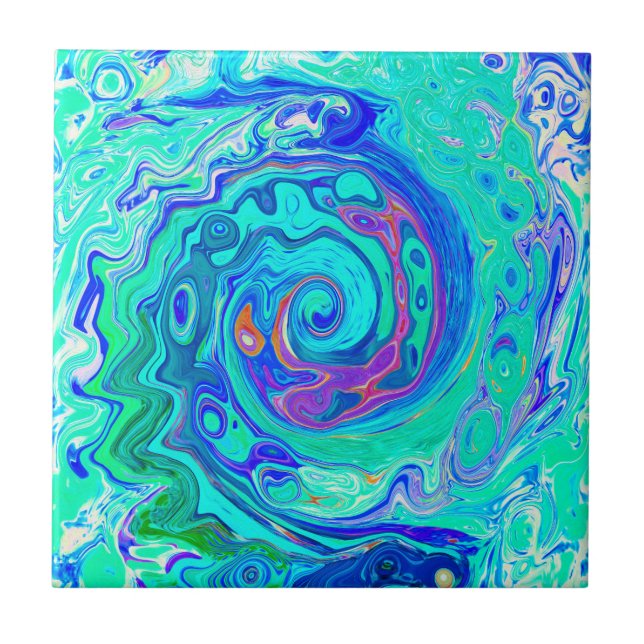 Groovy Abstract Ocean Blue and Green Liquid Swirl Ceramic Tile (Front)