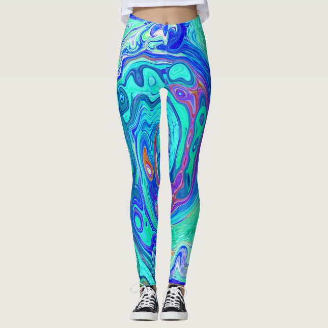 Groovy Abstract Ocean Blue and Green Liquid Swirl Leggings (Front)
