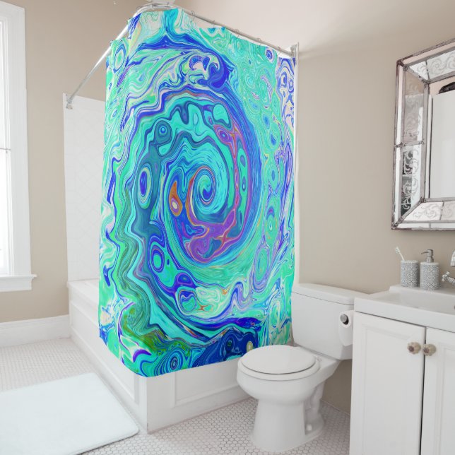 Groovy Abstract Ocean Blue and Green Liquid Swirl Shower Curtain (In Situ)