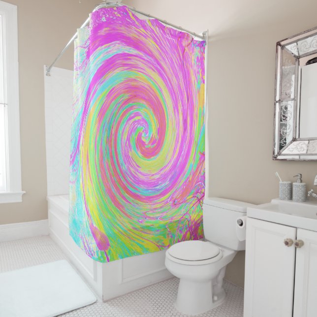 Groovy Abstract Pink and Blue Liquid Swirl Shower Curtain (In Situ)