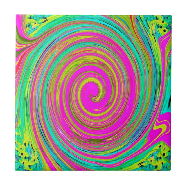 Groovy Abstract Pink and Turquoise Swirl Ceramic Tile (Front)