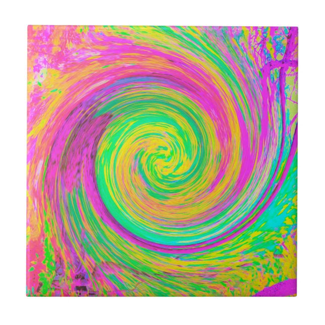 Groovy Abstract Purple and Yellow Liquid Swirl Ceramic Tile (Front)