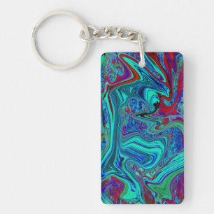 Groovy Abstract Retro Art in Blue and Red Key Ring