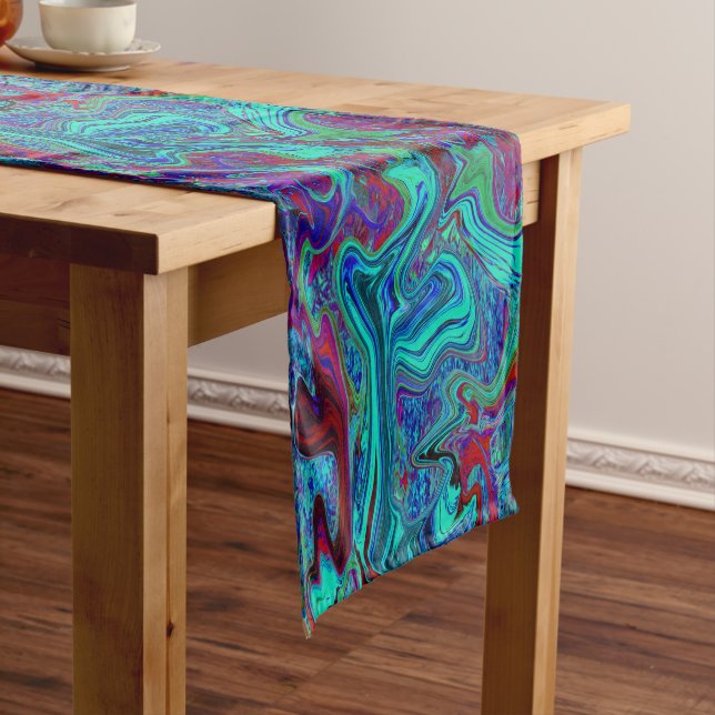 Groovy Abstract Retro Art in Blue and Red Short Table Runner (In Situ)