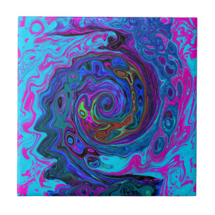 Groovy Abstract Retro Blue and Purple Swirl Ceramic Tile