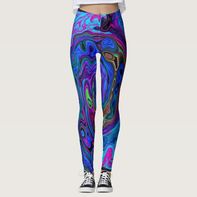 Groovy Abstract Retro Blue and Purple Swirl Leggings (Front)