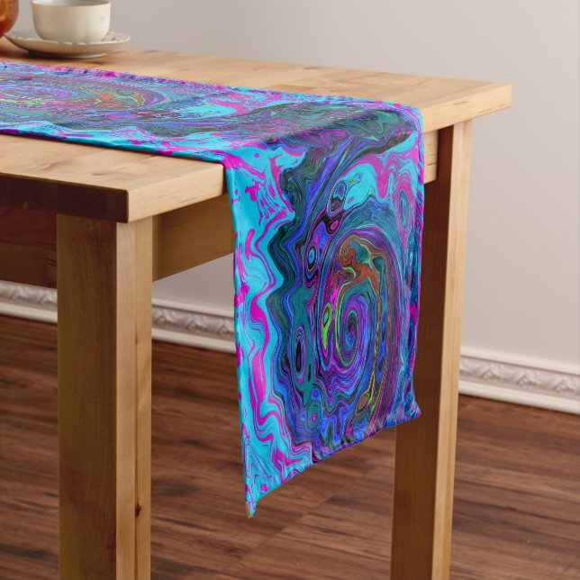 Groovy Abstract Retro Blue and Purple Swirl Short Table Runner (In Situ)