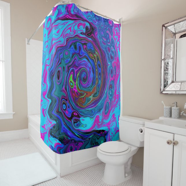 Groovy Abstract Retro Blue and Purple Swirl Shower Curtain (In Situ)