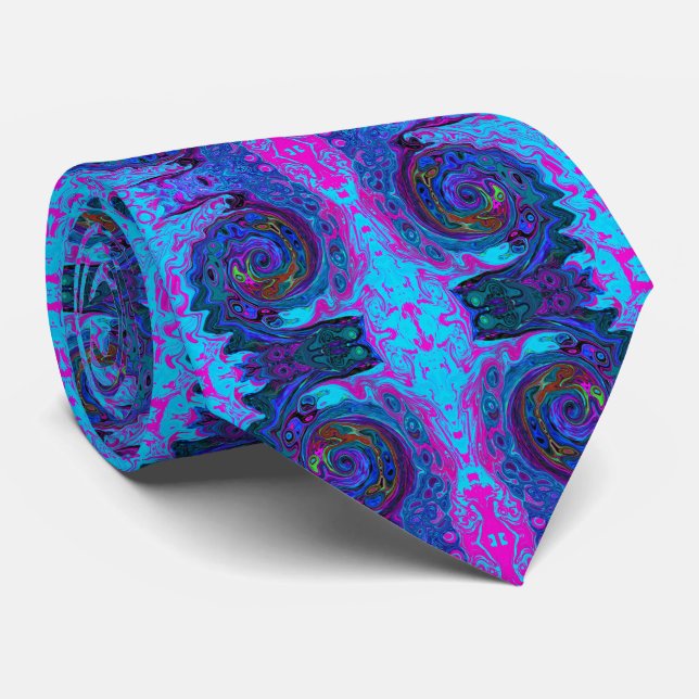 Groovy Abstract Retro Blue and Purple Swirl Tie (Rolled)