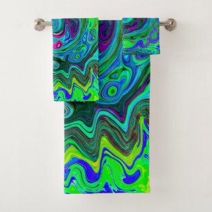 Groovy Abstract Retro Green and Blue Swirl Bath Towel Set
