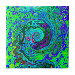 Groovy Abstract Retro Green and Blue Swirl Ceramic Tile