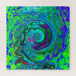 Groovy Abstract Retro Green and Blue Swirl Jigsaw Puzzle
