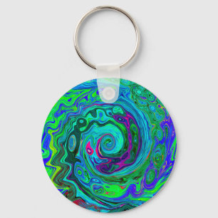 Groovy Abstract Retro Green and Blue Swirl Key Ring