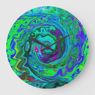 Groovy Abstract Retro Green and Blue Swirl Large Clock