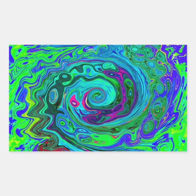 Groovy Abstract Retro Green and Blue Swirl Rectangular Sticker (Front)