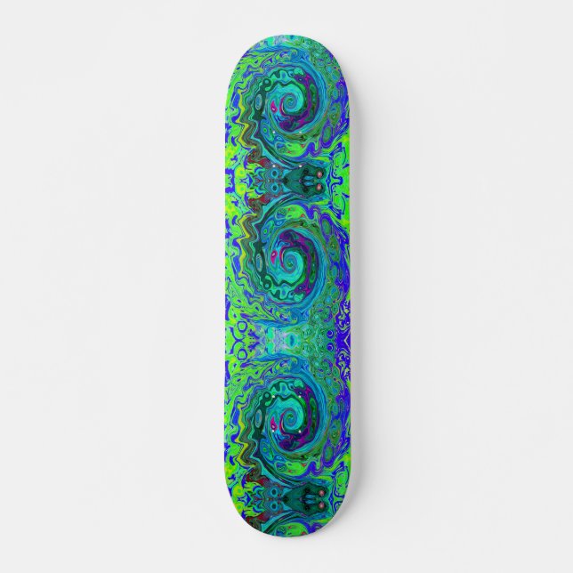 Groovy Abstract Retro Green and Blue Swirl Skateboard (Front)