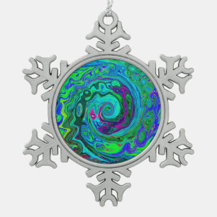 Groovy Abstract Retro Green and Blue Swirl Snowflake Pewter Christmas Ornament