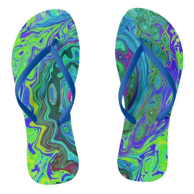 Groovy Abstract Retro Green and Blue Swirl Thongs (Footbed)