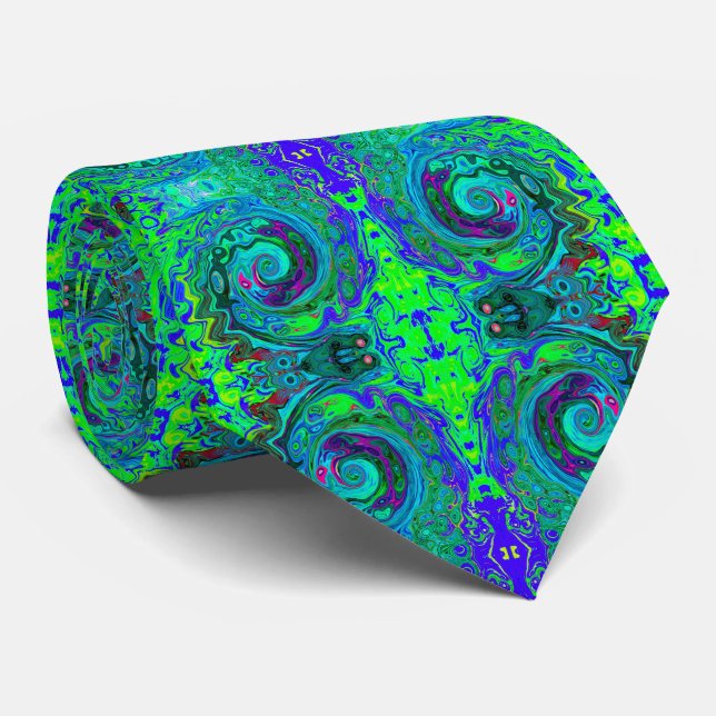 Groovy Abstract Retro Green and Blue Swirl Tie (Rolled)