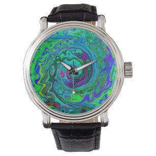 Groovy Abstract Retro Green and Blue Swirl Watch