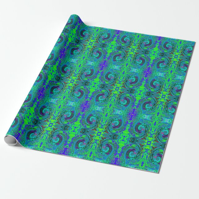 Groovy Abstract Retro Green and Blue Swirl Wrapping Paper (Unrolled)