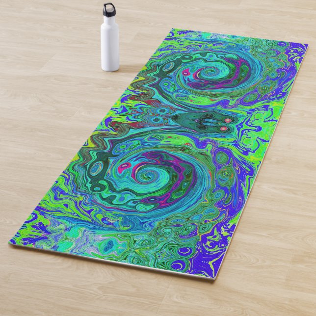 Groovy Abstract Retro Green and Blue Swirl Yoga Mat (In Situ)