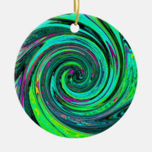 Groovy Abstract Retro Green and Magenta Swirl Ceramic Ornament