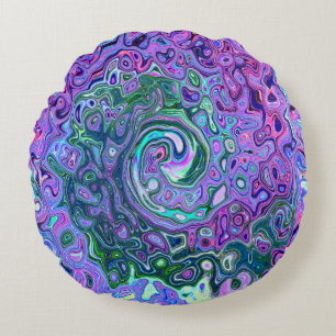 Groovy Abstract Retro Green and Purple Swirl Round Cushion