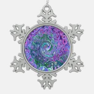 Groovy Abstract Retro Green and Purple Swirl Snowflake Pewter Christmas Ornament