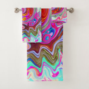Groovy Abstract Retro Hot Pink and Blue Swirl Bath Towel Set