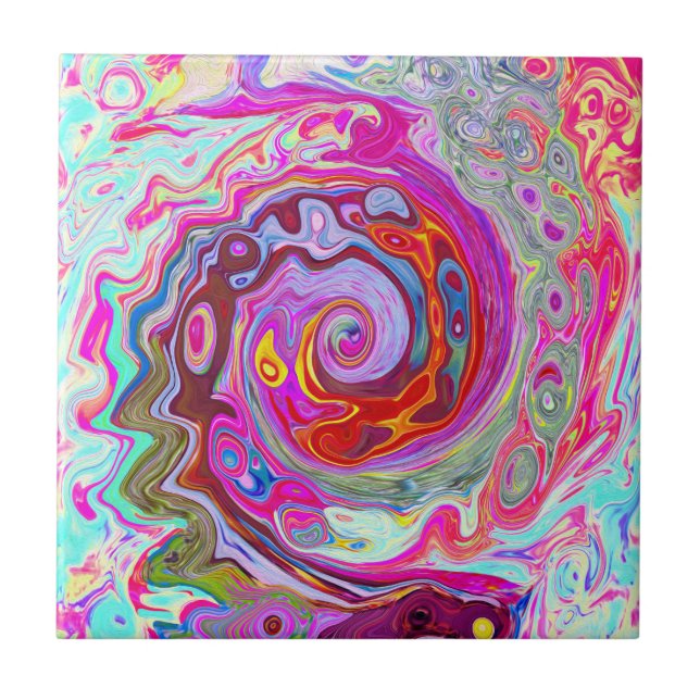 Groovy Abstract Retro Hot Pink and Blue Swirl Ceramic Tile (Front)