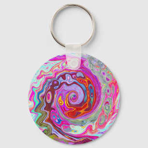 Groovy Abstract Retro Hot Pink and Blue Swirl Key Ring