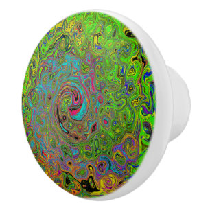 Groovy Abstract Retro Lime Green and Blue Swirl Ceramic Knob