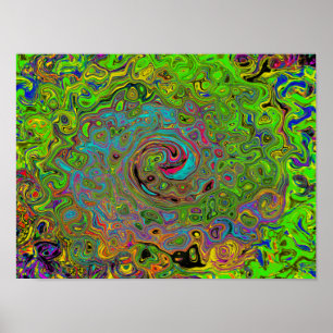 Groovy Abstract Retro Lime Green and Blue Swirl Poster