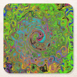 Groovy Abstract Retro Lime Green and Blue Swirl Square Paper Coaster