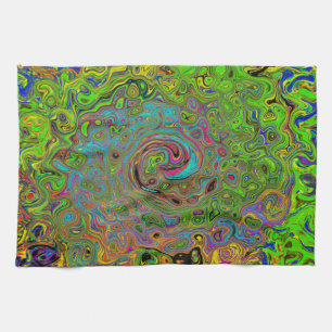 Groovy Abstract Retro Lime Green and Blue Swirl Tea Towel