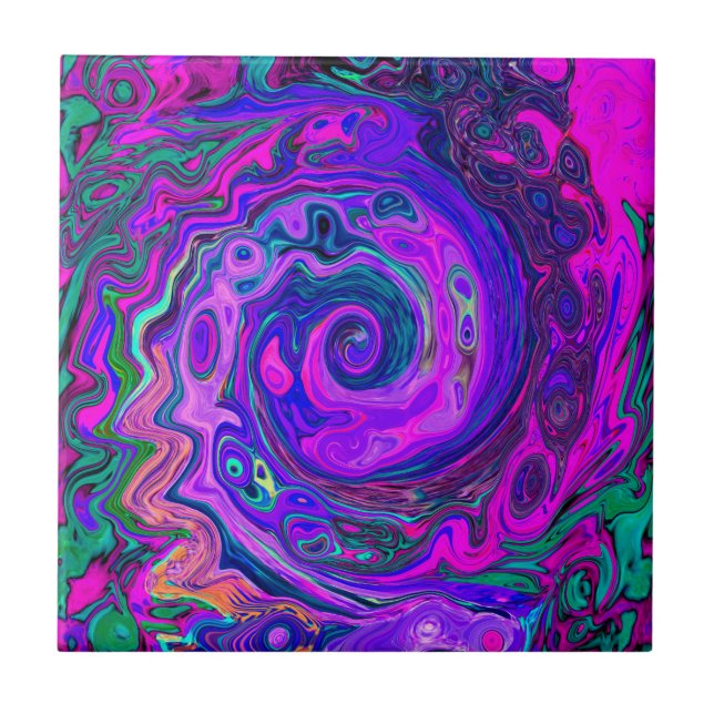 Groovy Abstract Retro Magenta and Purple Swirl Ceramic Tile (Front)