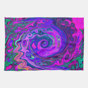 Groovy Abstract Retro Magenta and Purple Swirl Tea Towel