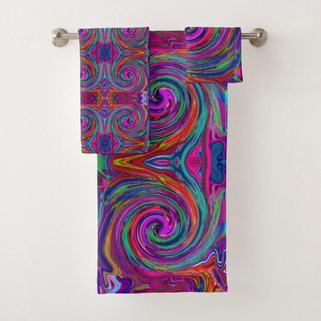 Groovy Abstract Retro Magenta Dark Rainbow Swirl Bath Towel Set (Insitu)