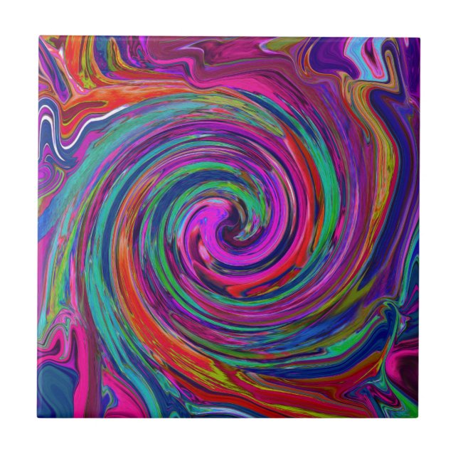 Groovy Abstract Retro Magenta Dark Rainbow Swirl Ceramic Tile (Front)