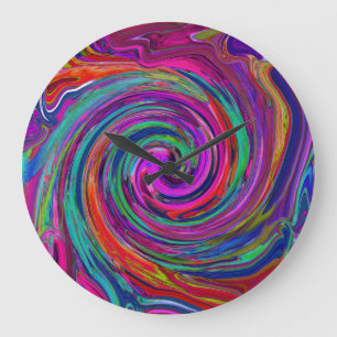 Groovy Abstract Retro Magenta Dark Rainbow Swirl Large Clock
