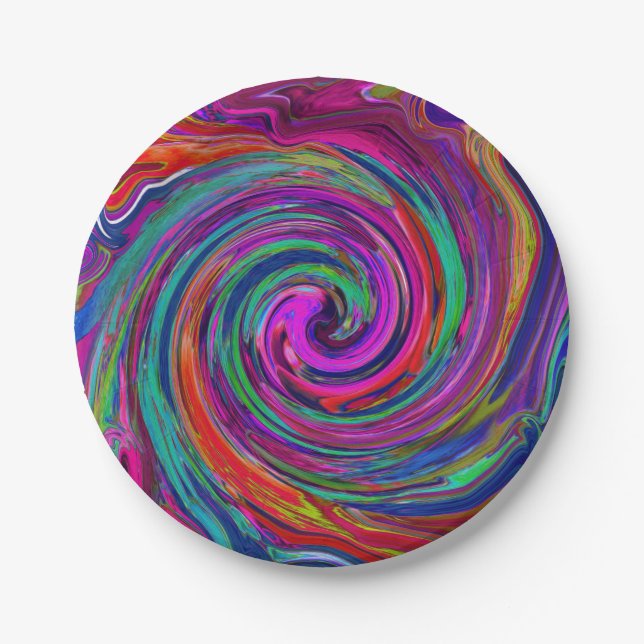 Groovy Abstract Retro Magenta Dark Rainbow Swirl Paper Plate (Front)