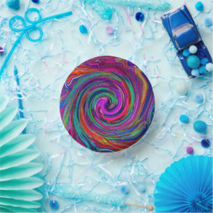 Groovy Abstract Retro Magenta Dark Rainbow Swirl Paper Plate