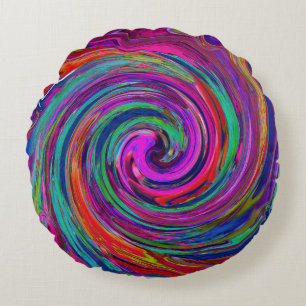 Groovy Abstract Retro Magenta Dark Rainbow Swirl Round Cushion