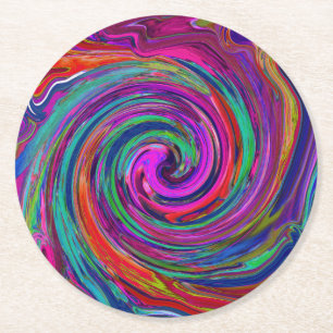 Groovy Abstract Retro Magenta Dark Rainbow Swirl Round Paper Coaster